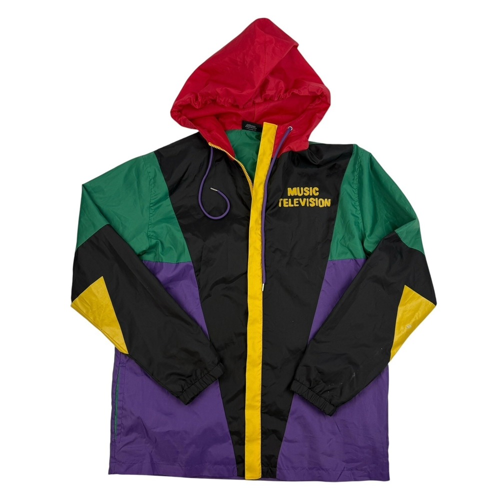 MTC Music Television Retro Windbreaker Jacket Hooded Colorblock Full Zip Sz M